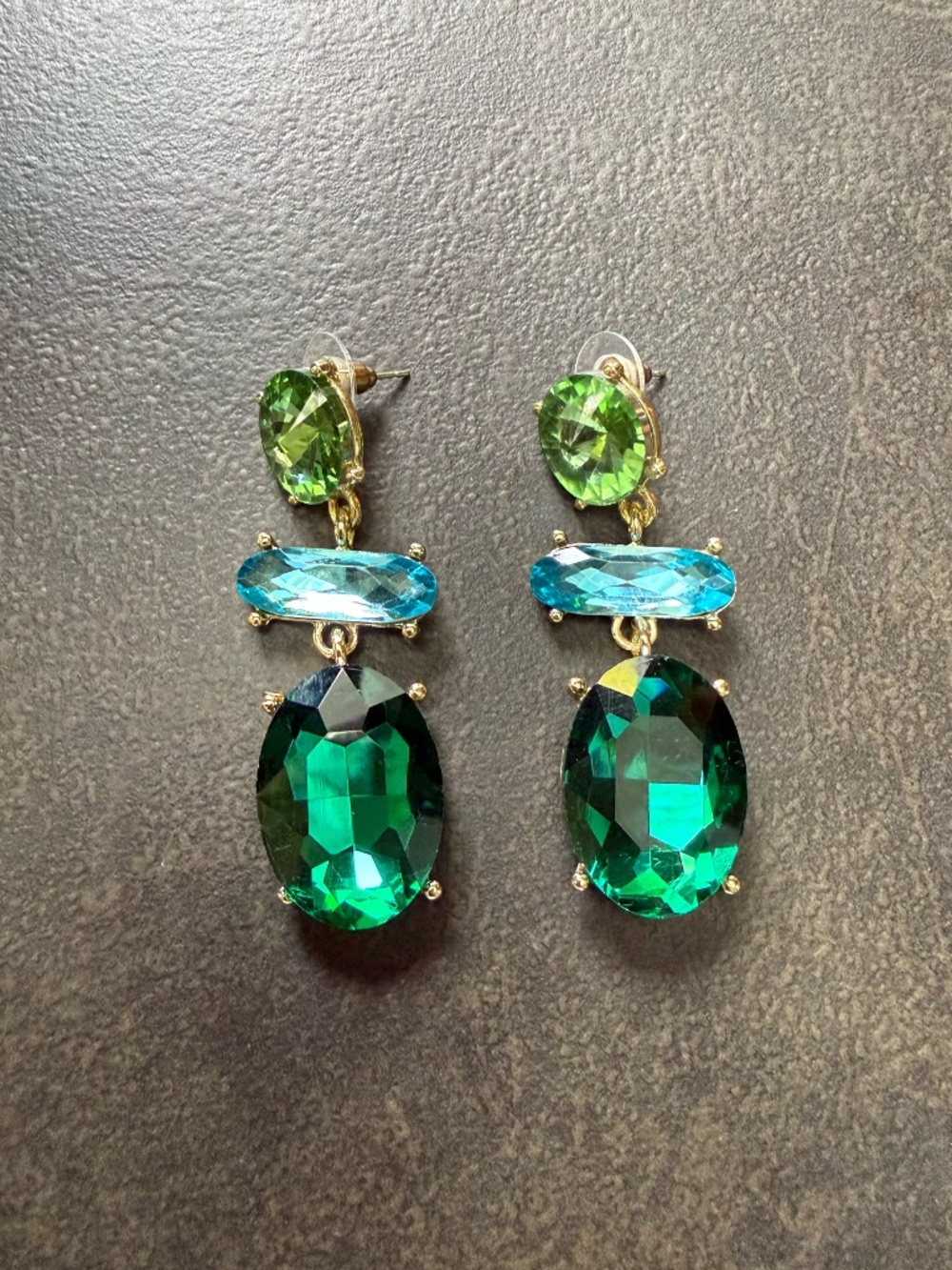 Dressy Green and Aqua and Emerald Rhinestone Statement Earring